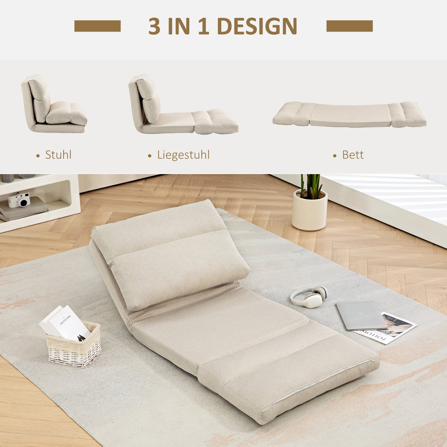 HOMCOM Sitzsack mit Bettfunktion, neigbare Lehne, klappbar, bis 120kg, 70 x 72 x 56 cm, Beige