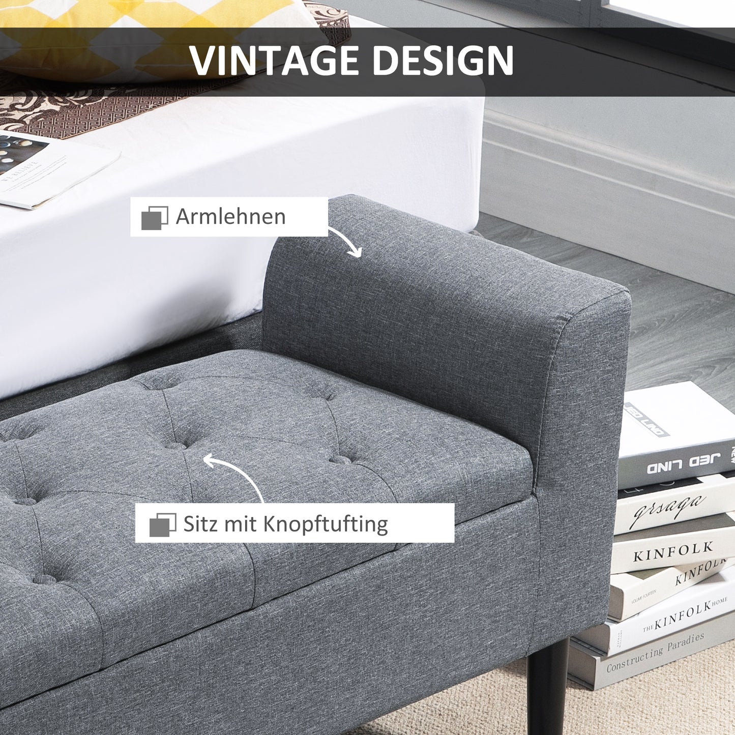 HOMCOM Sitzbank mit Stauraum, Polsterbank, belastbar bis 130 kg, Leinenoptik, Kautschukholz, 116 x 44 x 58 cm, Hellgrau