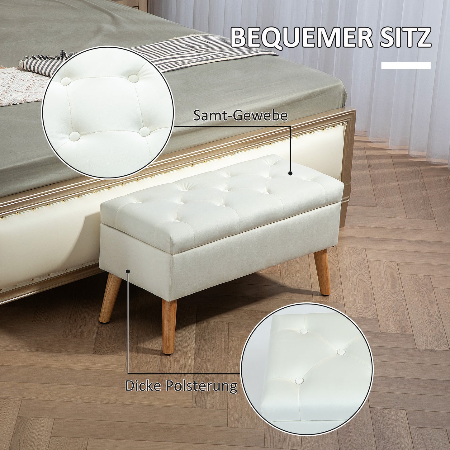 HOMCOM Polsterbank mit Stauraum, Stoffbezug in Samtoptik, Holzbeine, für Wohnzimmer, Schlafzimmer, Flur, 80 x 35 x 42 cm, Weiß