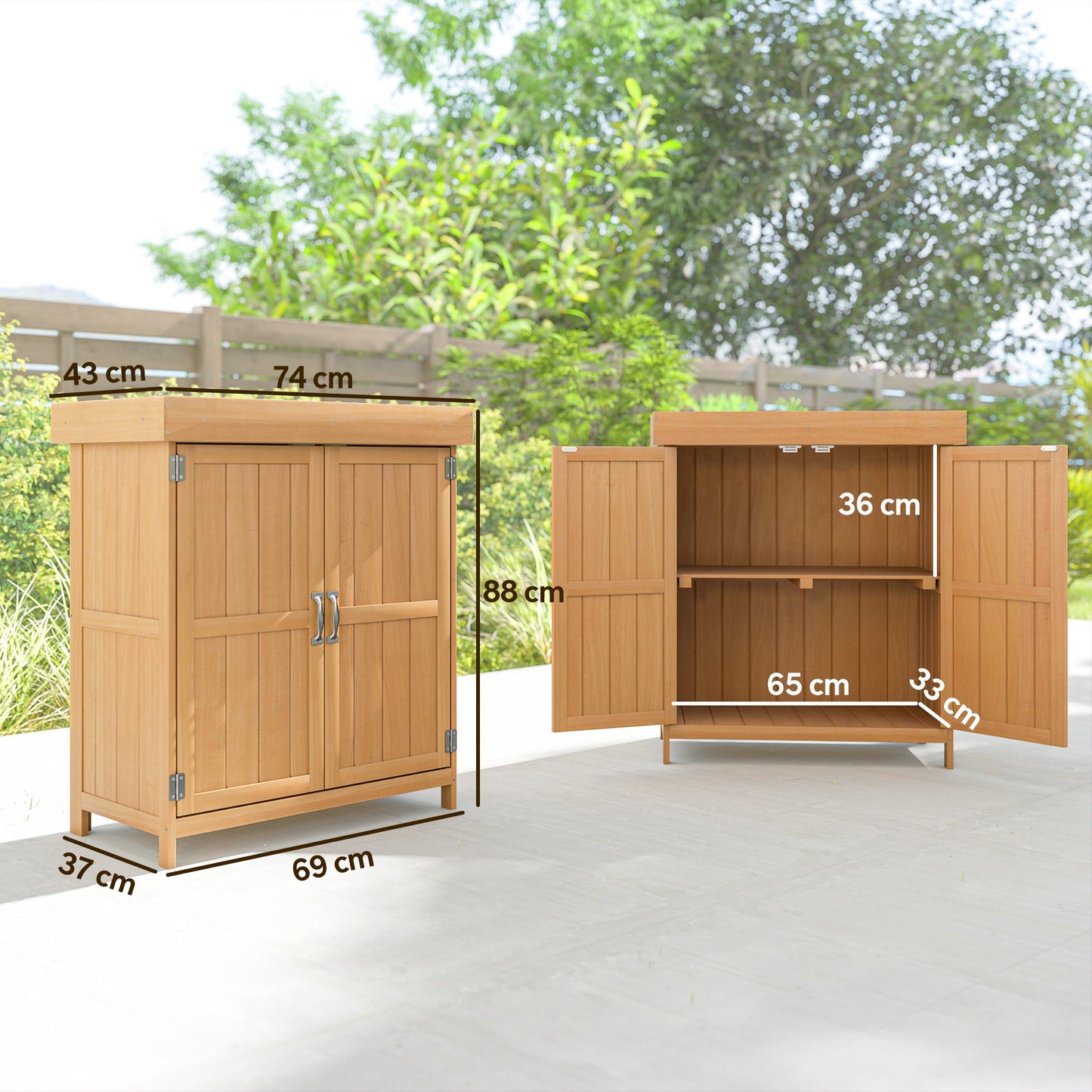 Outsunny Gartenschrank Tannenholz, Geräteschuppen wetterfest 74x43x88cm, Gerätehaus mit Doppeltür, 2 Fächern, Geräteschrank, Gartenhaus Werkzeugschrank Gartenschuppen für Garten, Terrasse, Natur
