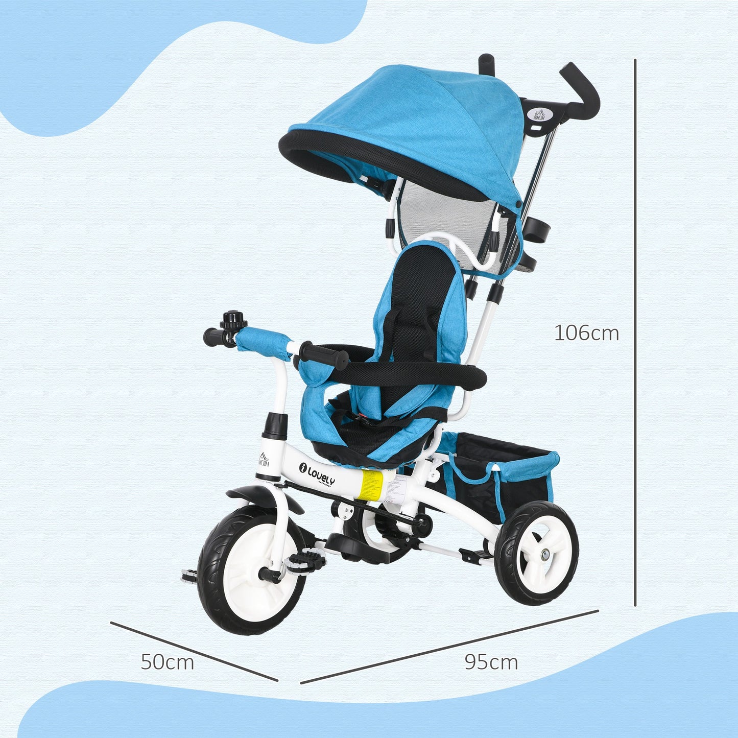 HOMCOM 6-in-1 Kinderdreirad mit Schiebestange, Dach, Gurt, Ablagekorb, für 1-5 Jahre, Blau