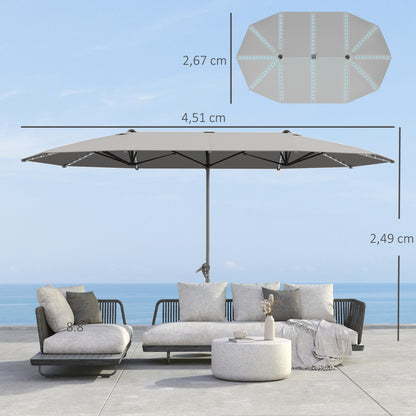 Outsunny Doppelschirm mit Solar-Lichtern, Aluminium, Polyester, UPF50+ Schutz, UV-beständig, Terrassenschirm, Dunkelgrau