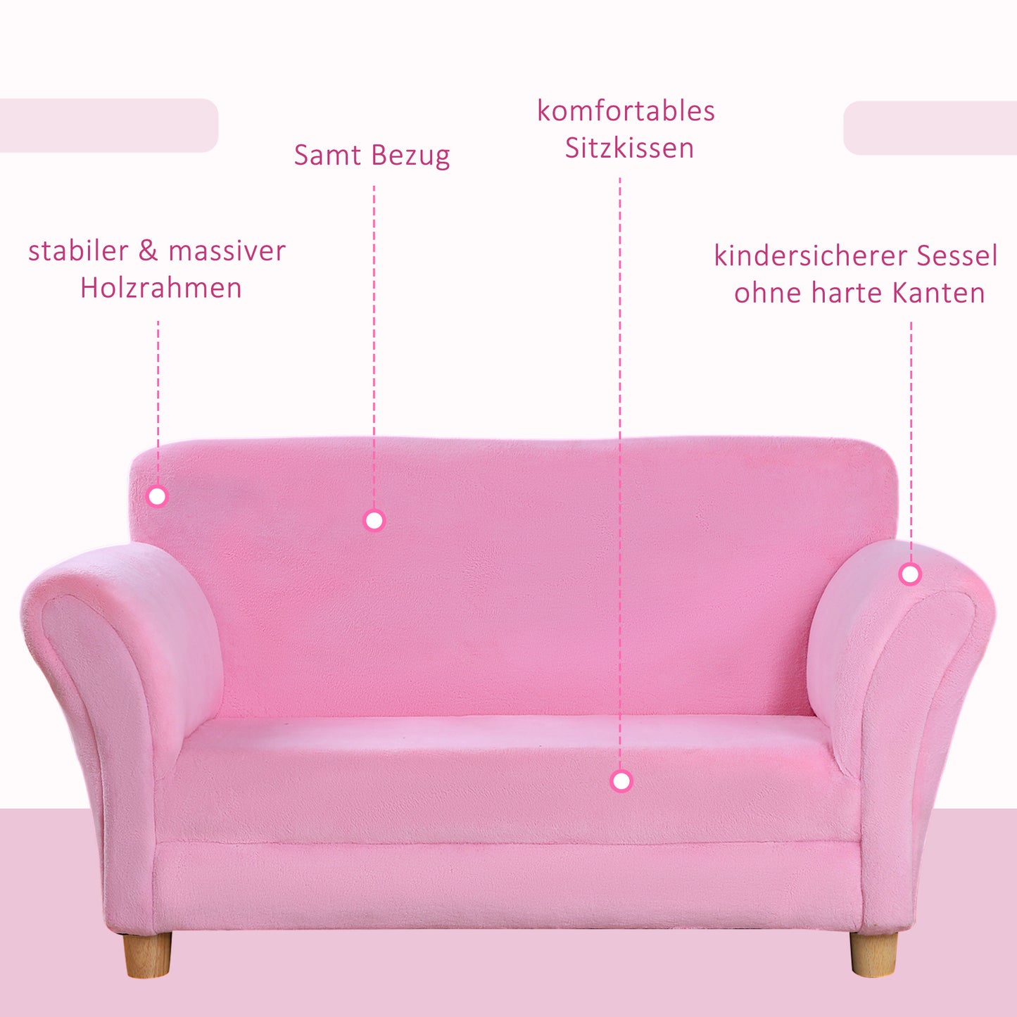 HOMCOM Kindersessel Kindersofa mit Korallenvlies-Optik, massiven Holzfüßen Sessel aus Schaumstoff Kinderstuhl für Kinderzimmer, Spielzimmer, 90 x 53 x 48cm, Rosa