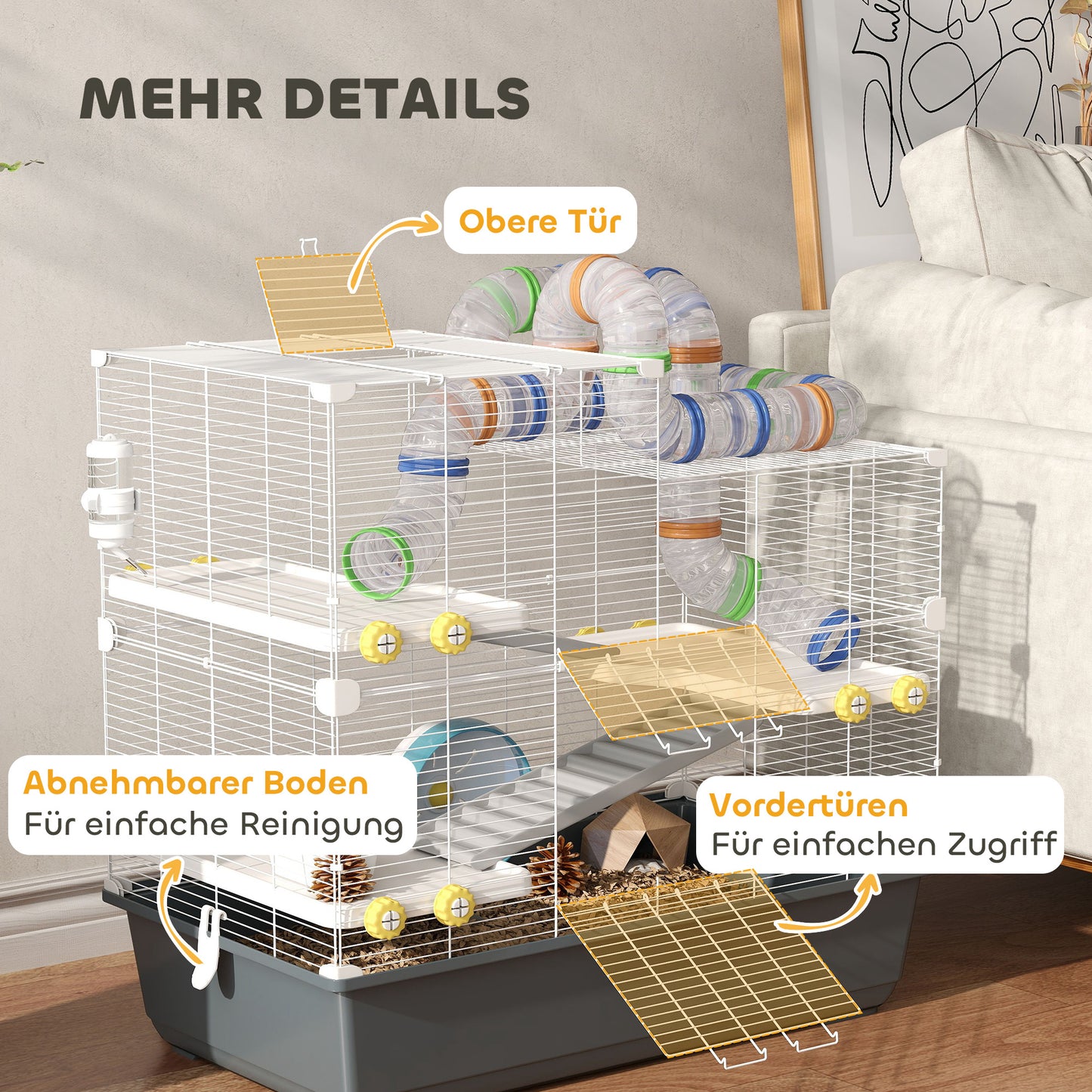 PawHut Zwerghamsterkäfig, 4 Ebenen, Tunnelsystem, Hütte, Zubehör, obere Öffnung, 78 x 45 x 73 cm, Grau