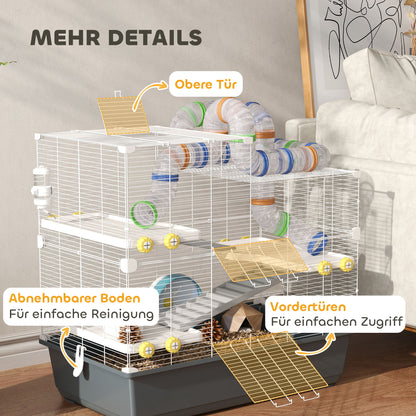 PawHut Zwerghamsterkäfig, 4 Ebenen, Tunnelsystem, Hütte, Zubehör, obere Öffnung, 78 x 45 x 73 cm, Grau