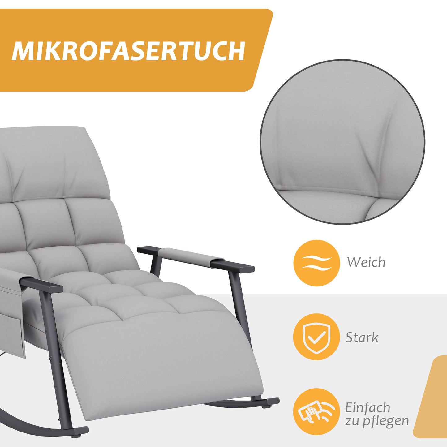 HOMCOM Schaukelstuhl, verstellbare Rückenlehne & Fußstütze, Seitentasche, Mikrofaserbezug, Metallrahmen, Grau