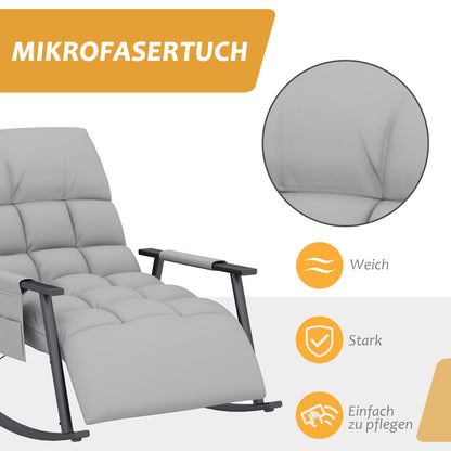HOMCOM Schaukelstuhl, verstellbare Rückenlehne & Fußstütze, Seitentasche, Mikrofaserbezug, Metallrahmen, Grau