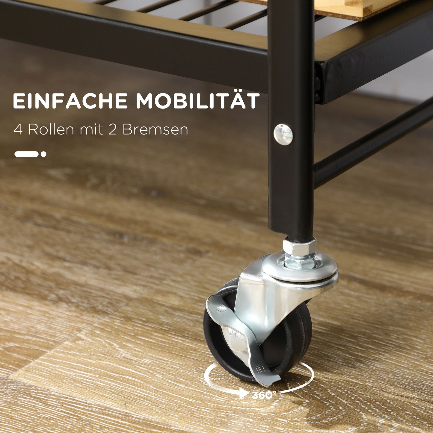 HOMCOM Küchenwagen im Industriedesign, mit 3 Regalen, Mehrzweckwagen, Servierwagen, 4 Räder, klappbar, Braun + Schwarz