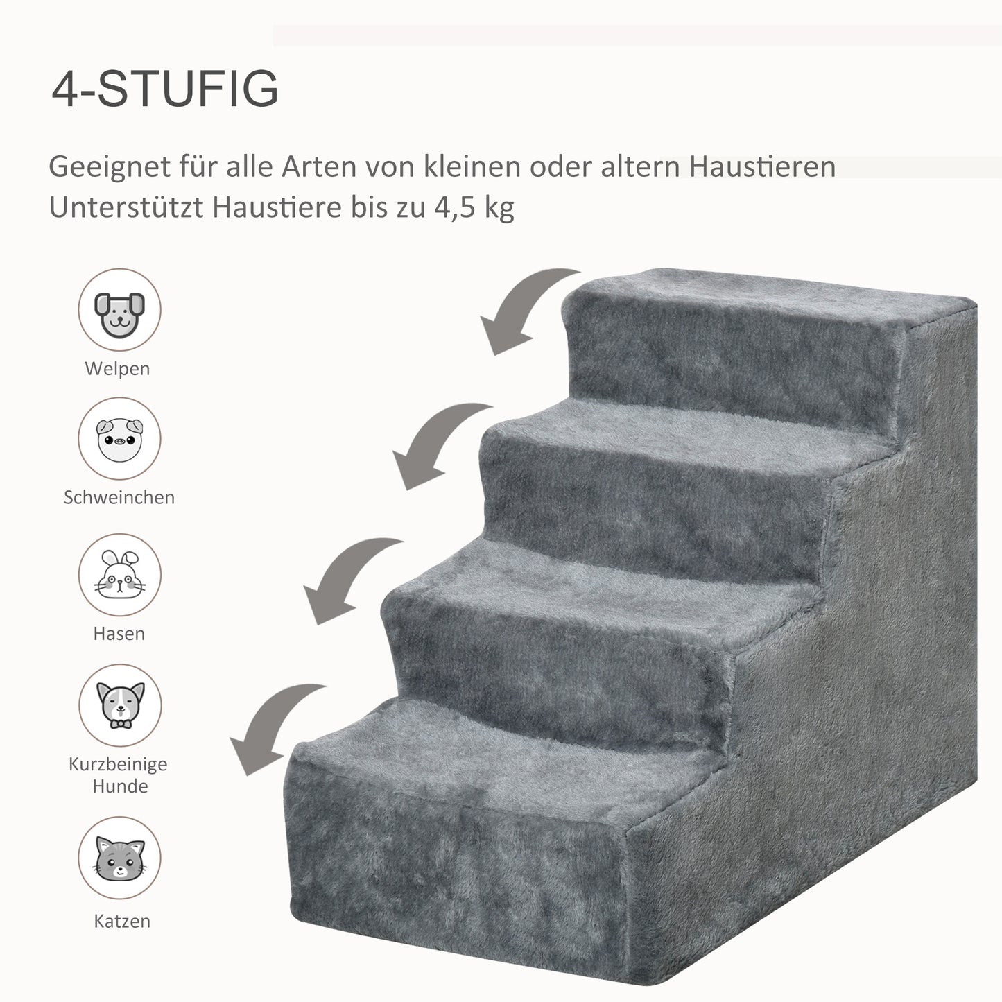 PawHut Hundetreppe 4-stufig, 35 cm Katzentreppe für Bett und Sofa, Haustiertreppe für Hunde und Katzen bis 5 kg, Plüschoptik, Hellgrau