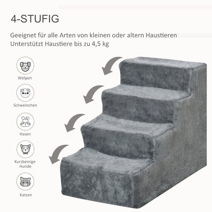 PawHut Hundetreppe 4-stufig, 35 cm Katzentreppe für Bett und Sofa, Haustiertreppe für Hunde und Katzen bis 5 kg, Plüschoptik, Hellgrau