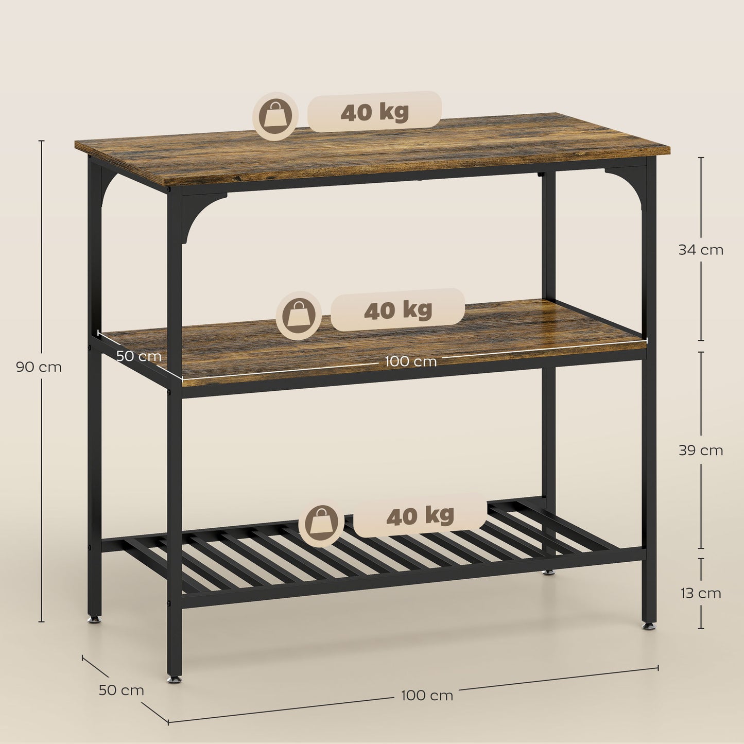 HOMCOM Bäckerregal, 3-stufiges Küchenregal mit Stahlrahmen, Rustikales Braun+Schwarz