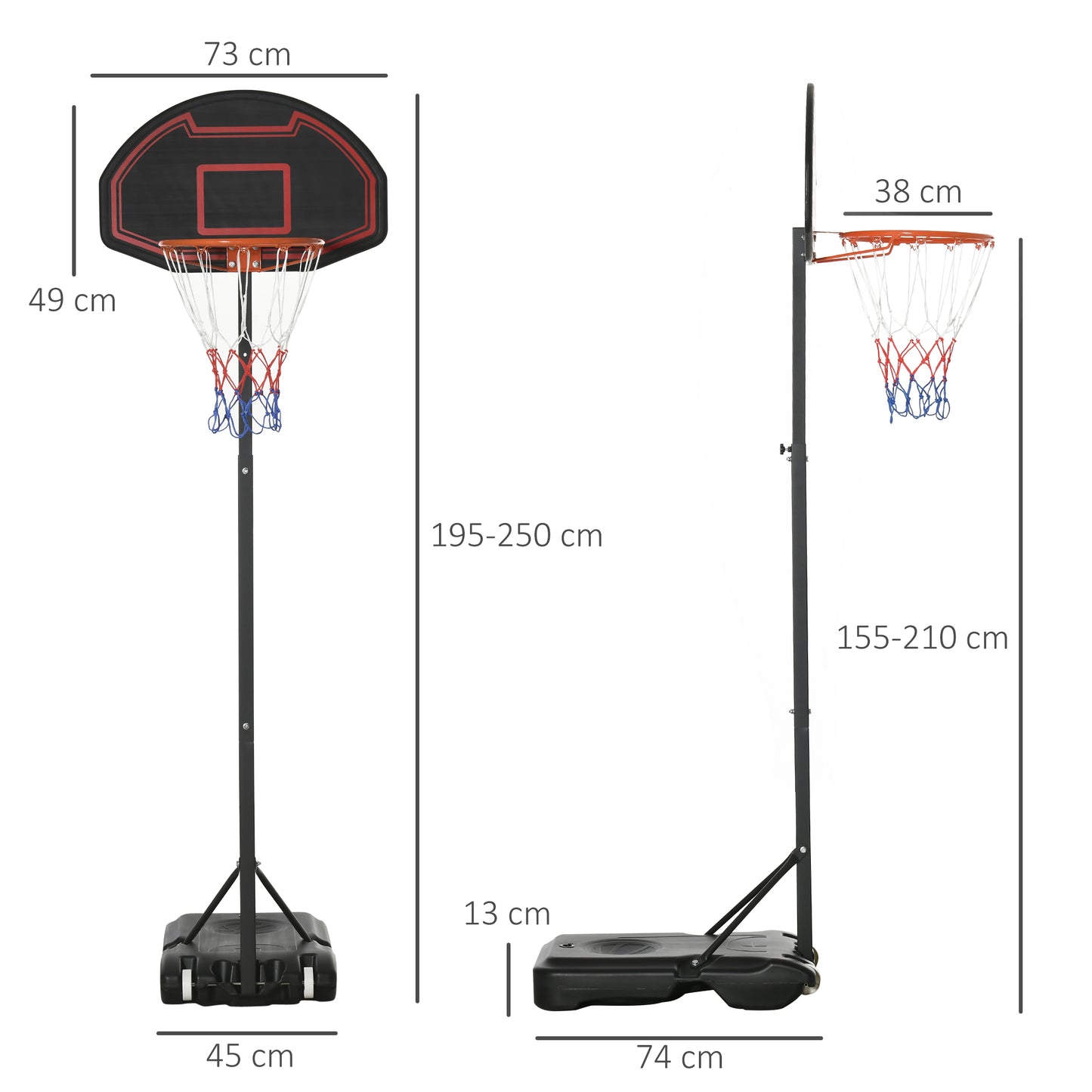 HOMCOM Basketballkorb, höhenverstellbar, befüllbarer Standfuß, hochstabil, schwarz, 131 x 49 x 195-250 cm