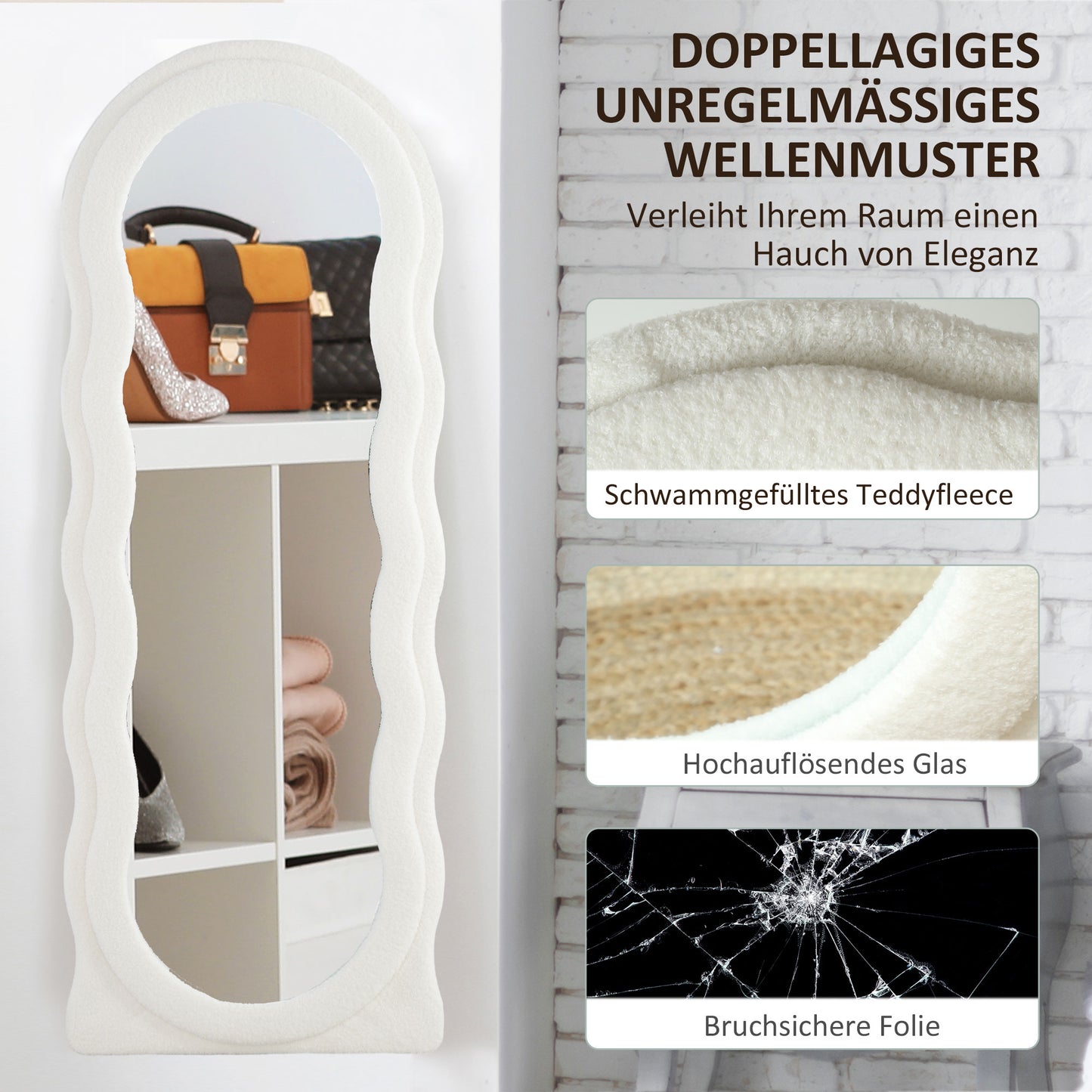 HOMCOM Ganzkörperspiegel 160 x 60 cm Gewölbter Standspiegel mit Wellendesign Bruchsichere Glas Weiß