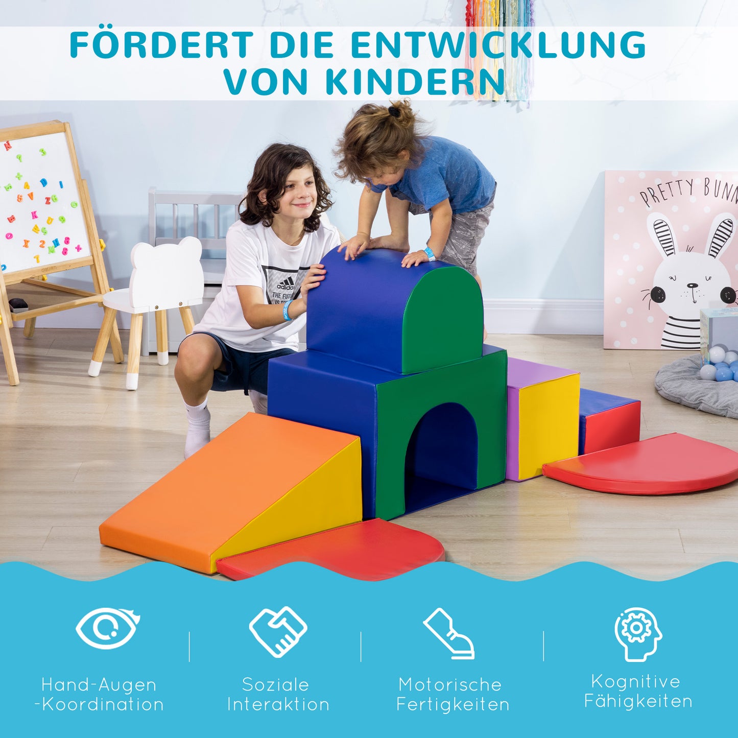 HOMCOM Saftbaustein-Set für Kinder, Schaumstoffblöcke, Quadrat, Treppe, Rampe, Kunstleder, Mehrfarbig