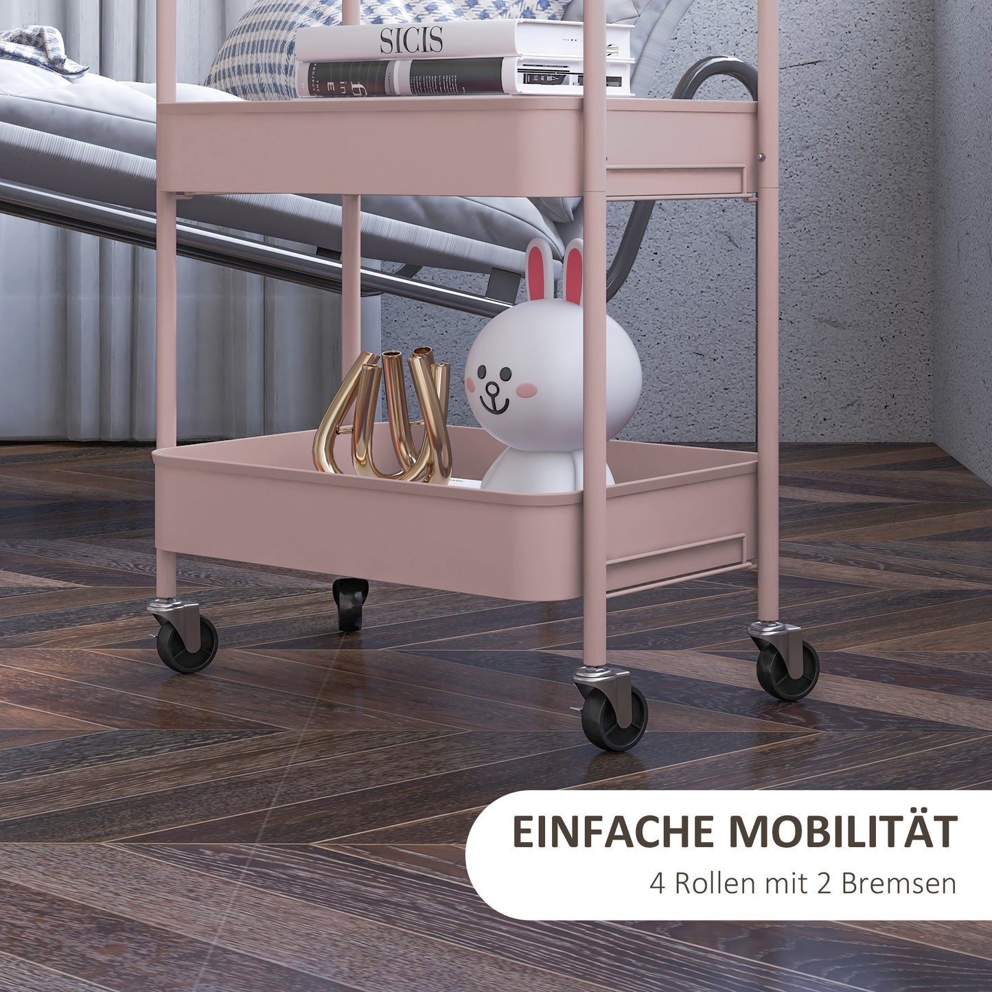 HOMCOM Mehrzweckwagen Rollwagen Küchenwagen, 3 Regale, 4 Rollen, 45 cm x 30,6 cm x 79 cm, Rosa