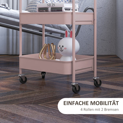 HOMCOM Mehrzweckwagen Rollwagen Küchenwagen, 3 Regale, 4 Rollen, 45 cm x 30,6 cm x 79 cm, Rosa