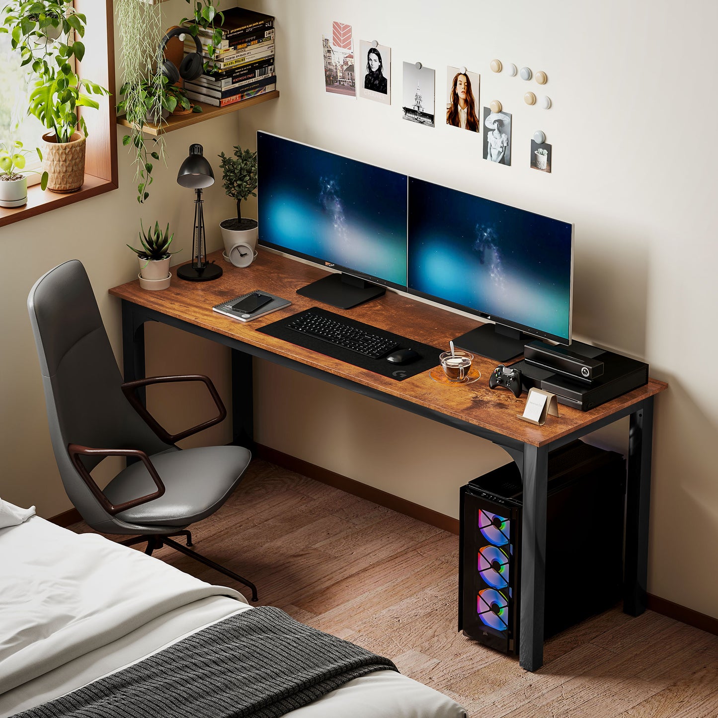 HOMCOM Schreibtisch, Computertisch, rustikales Design, viel Platz, Spanplatte, Braun