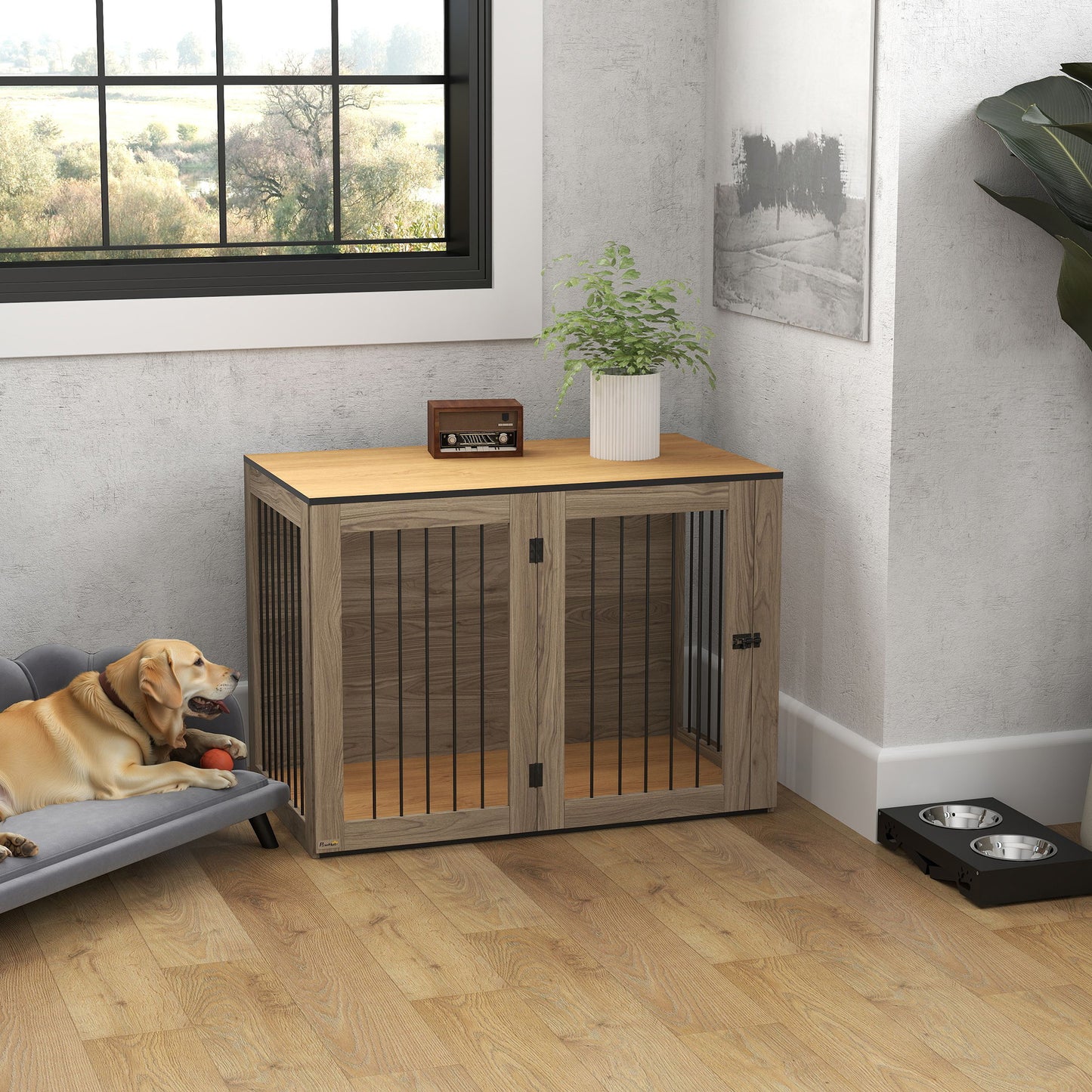 PawHut Hundebox, Haustierbox für große Hunde, Hundehütte, inomhus, 106 x 60 x 76 cm, Eiche