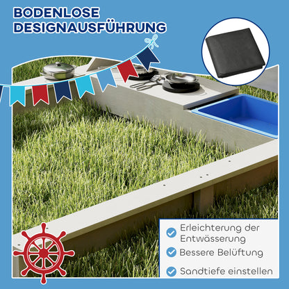 Outsunny Sandkasten mit Sonnendach Piratenschiff, inkl. Barnküchenspielset, Massivholz, 180 x 103 x 144,5 cm, Grau
