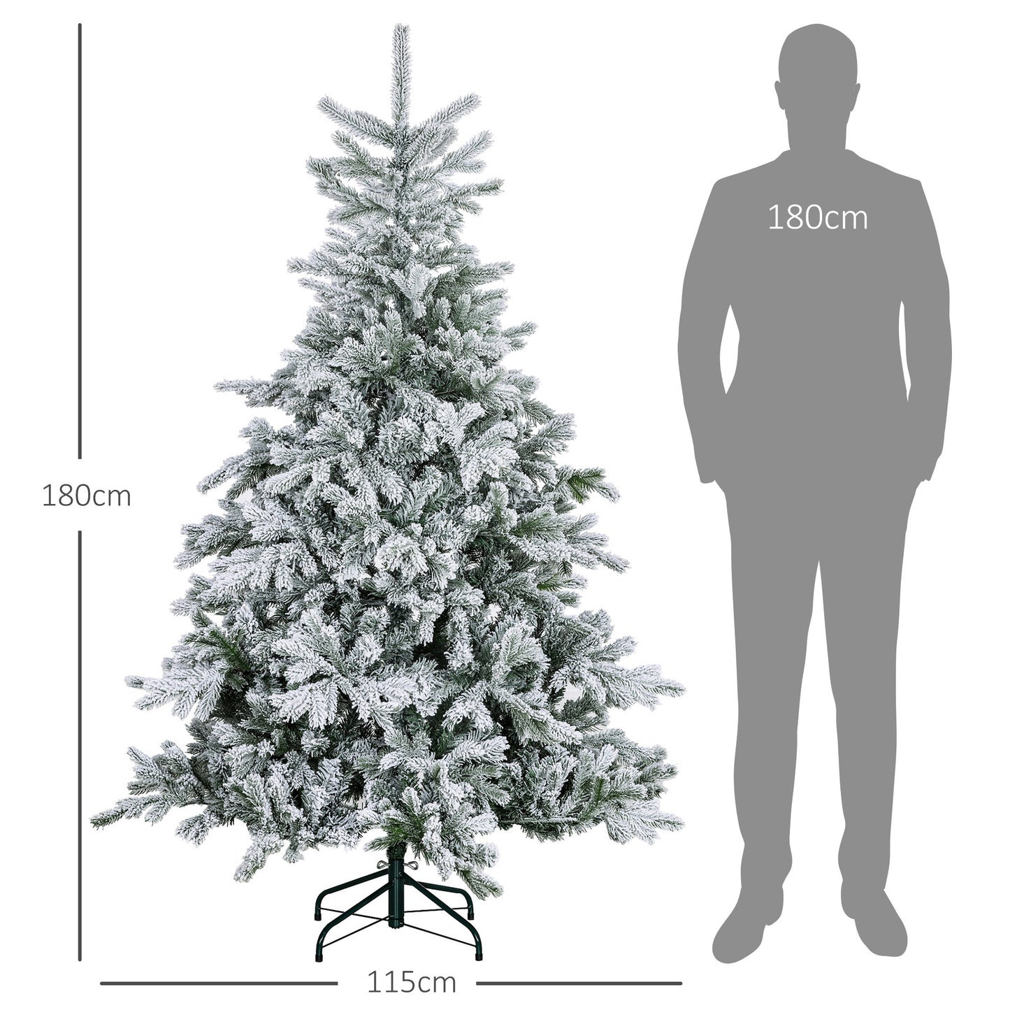 HOMCOM Weihnachtsbaum 180 cm, mit Kunstschnee, flammhemmend, schneller Auf- und Abbau, Metallbasis