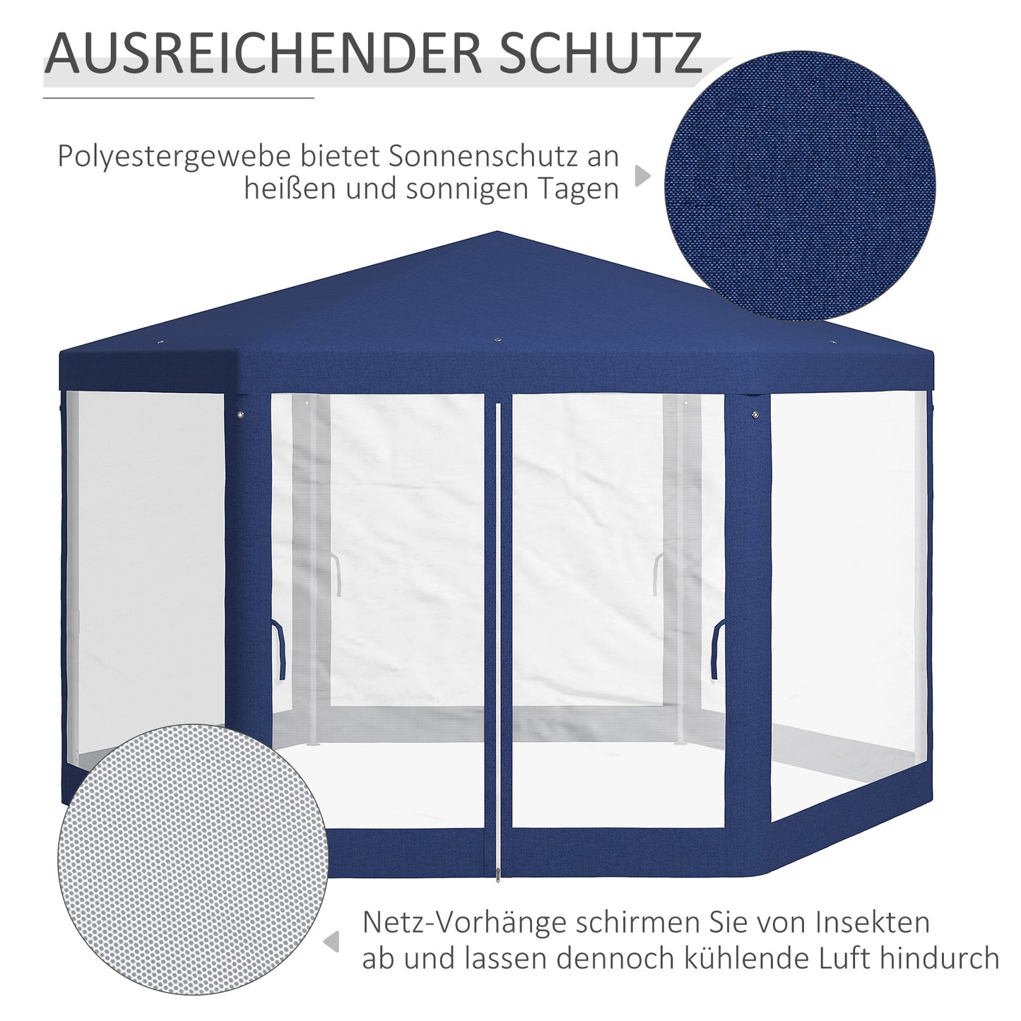 Outsunny Gartenpavillon, 6-eckig, Netzvorhänge, Metallgestell, 3,94x3,412x2,5m, Blau