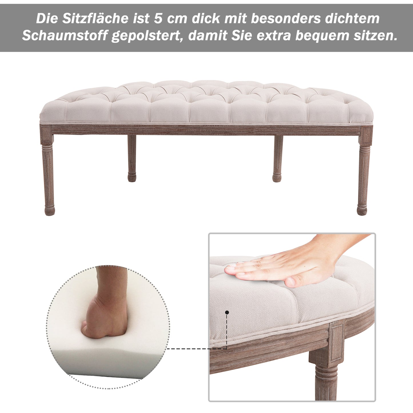 HOMCOM Polsterbank Sitzbank Lounge Sitzhocker Vintage Retro mit Knöpfen Sofa Couch Leinen + Holz beige 140,5 x 51 x 48 cm