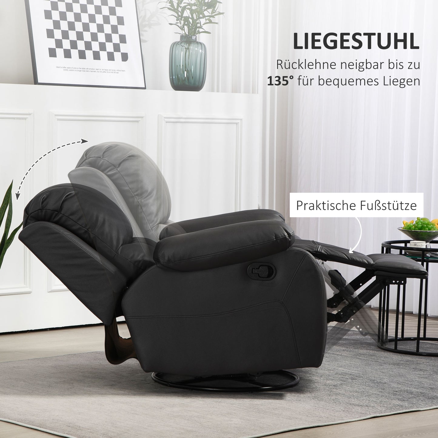 HOMCOM Relaxsessel, verstellbare Lehne & Fußstütze, drehbar, bis 150 kg, Stahlrahmen, 93x100x98cm, Schwarz