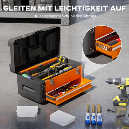 HOMCOM Werkzeugkiste leer, 49,7 x 25,3 x 23 cm Werkzeugkasten mit Schublade, Mini-Box Stahl Orange