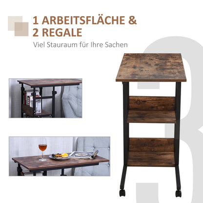 HOMCOM Beistelltisch mit Rollen, höhenverstellbar, kompakt, 2 Ablageböden, Metallrahmen, 80x40x72-82 cm, Braun/Schwarz