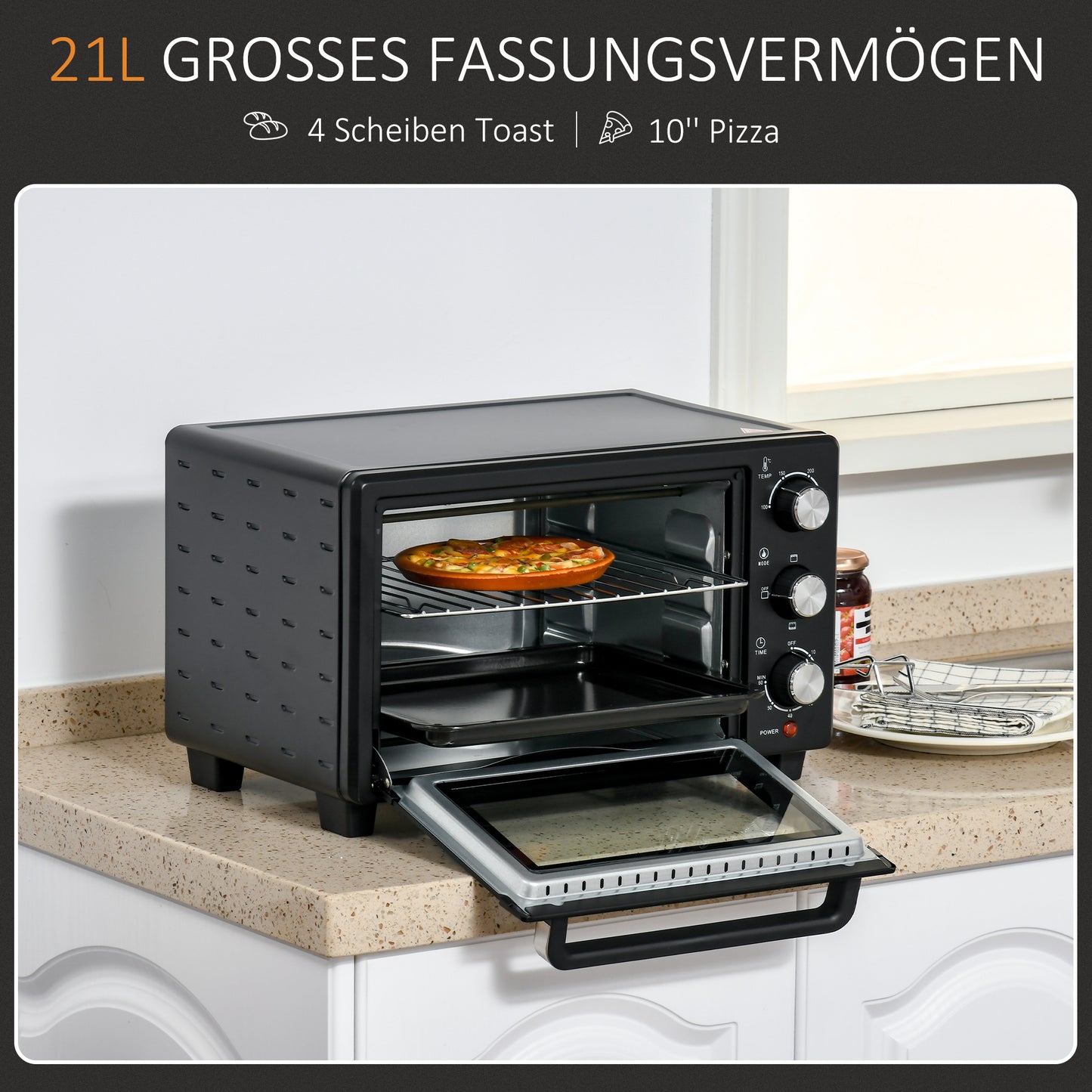 HOMCOM Minibackofen, 21 L Toasterofen mit 1 Drahtgestell und 1 Backblech, 3 Kochmodi, 100 °C-230 °C, Edelstahl, Glas, Schwarz