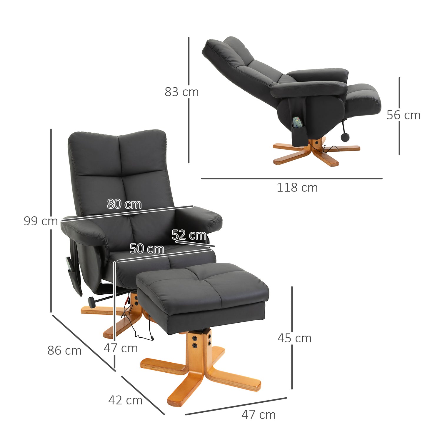 HOMCOM Massagesessel mit Hocker, 145° Neigbarer Relaxsessel mit Massagefunktion Liegefunktion Stauraum, TV-Sessel Fernsehsessel für Wohnzimmer, Kunstleder, 80 x 86 x 99 cm Schwarz