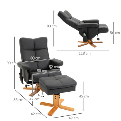 HOMCOM Massagesessel mit Hocker, 145° Neigbarer Relaxsessel mit Massagefunktion Liegefunktion Stauraum, TV-Sessel Fernsehsessel für Wohnzimmer, Kunstleder, 80 x 86 x 99 cm Schwarz