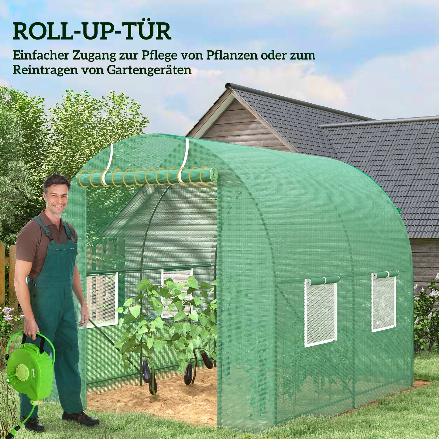 Outsunny Gewächshaus 245x200x198cm Foliengewächshaus Tomatenhaus mit Tür, 4 Fönster, Folientunnel aus verzinktem Stahl, PE, stabil Treibhaus Pflanztunnel, inkl. Erdanker &amp; Seilen, Grün