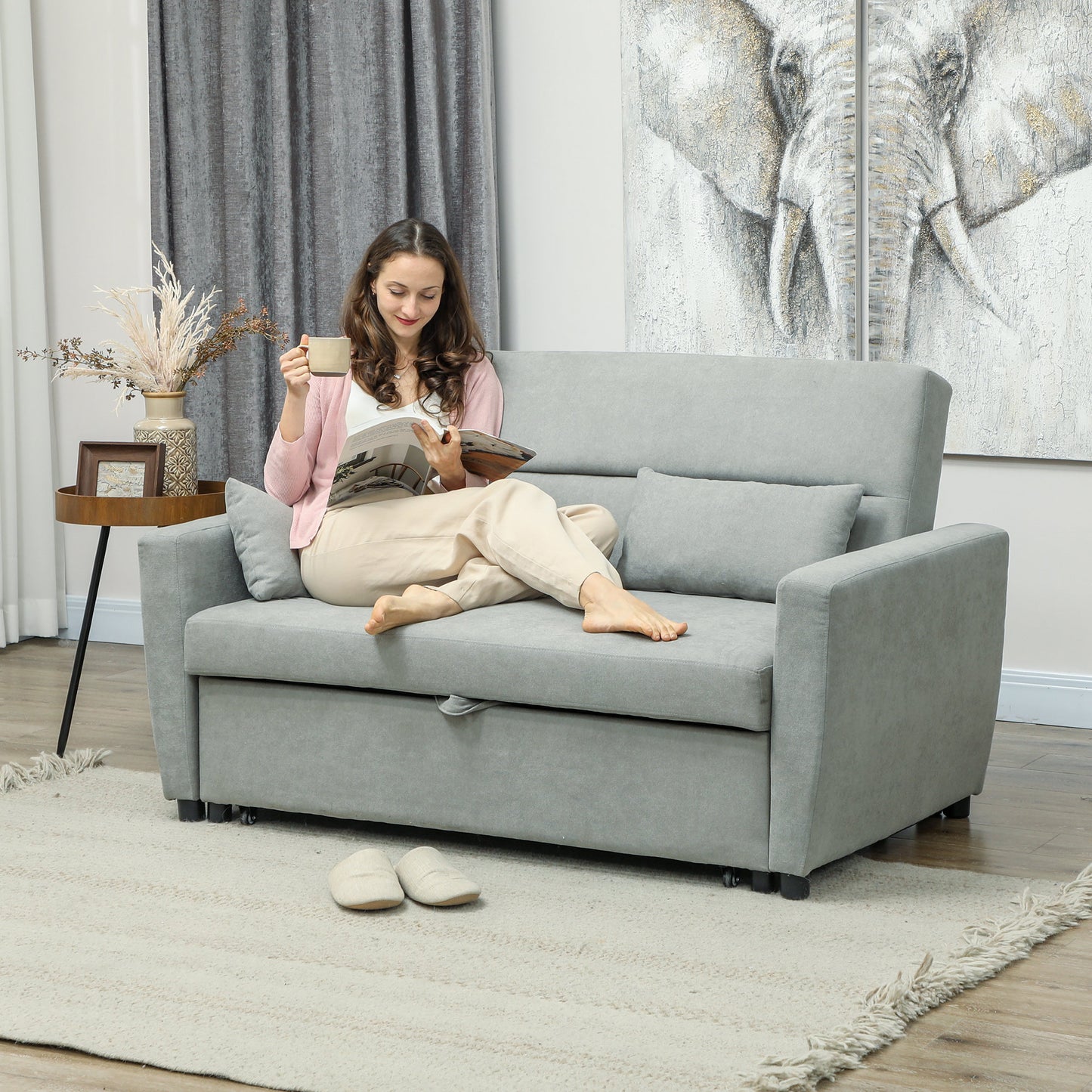 HOMCOM 2-Sitzer Sofa mit Bettfunktion, Verstellbarer Rückenlehne, Polstersofa, Samtoptik, für Wohnzimmer, Schlafzimmer, Hellgrau
