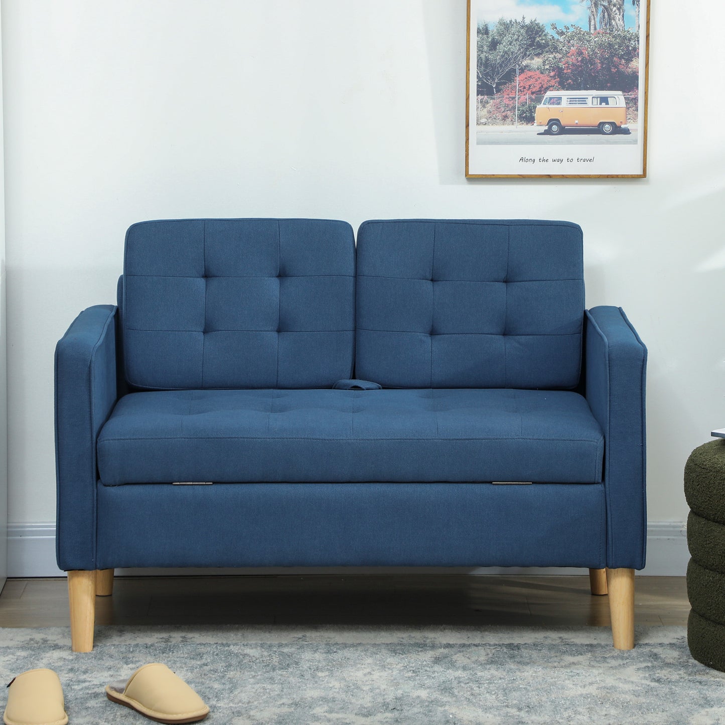 HOMCOM Zweisitzer-Sofa mit Stauraum, Knopfheftung, Kissen, Kautschukbaumholz, 117x62x78cm, Blau
