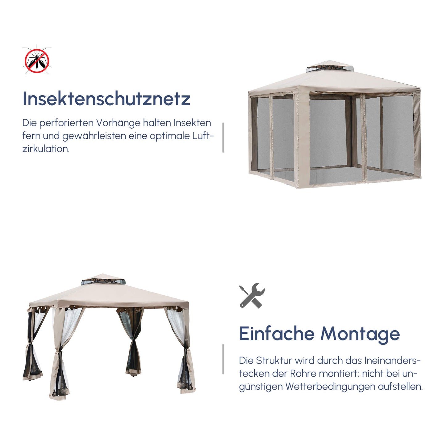 Outsunny Gartenpavillon Pavillon Gartenzelt Festzelt Partyzelt mit 4 x Seitenwand wetterfest Metall + Polyester Grau 2,94 x 2,94 x 2,65 m