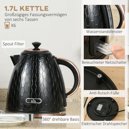 HOMCOM 2-in-1 Küchenset, Toaster und Wasserkocher, mehrere Optionen, 1,7 L, 4 Toastscheiben gleichzeitig, Kunststoff, Schwarz