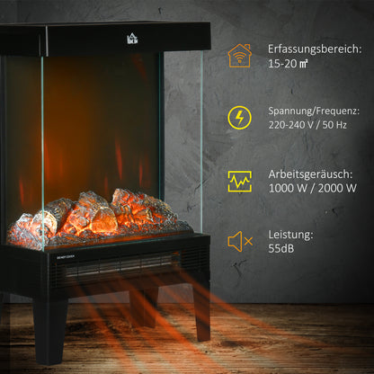 HOMCOM Elektrokamin, 2000 W, Standkamin mit Heizung LED 3D-Flammeneffekt, 4 Helligkeitsstufen, Elektrischer Kamin mit Thermostat, Überhitzungsschutz, Schwarz