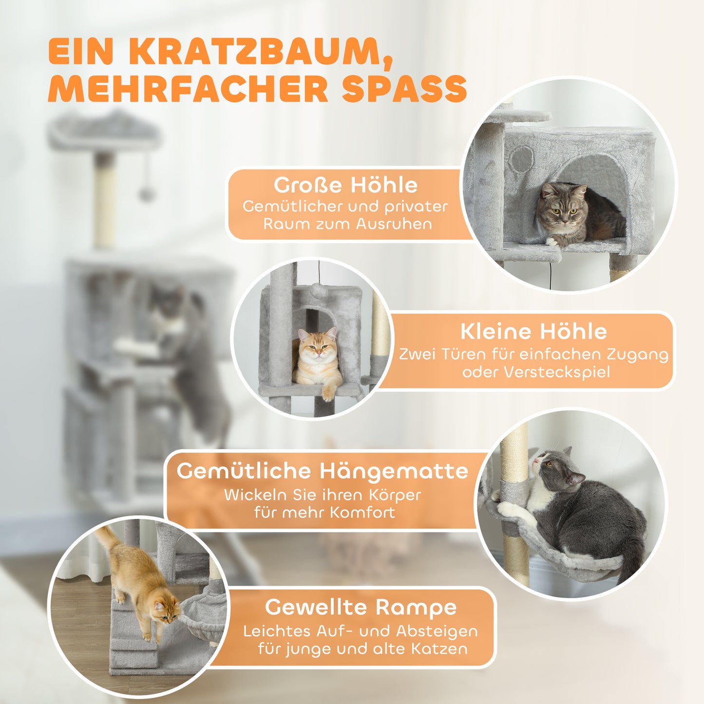 PawHut 140 cm Katzenkratzbaum, mehrere Ebenen, Sisal-Kratzpfosten, Höhlen, Plüsch-Plattformen, Hängematte, Leiter, Spielbälle