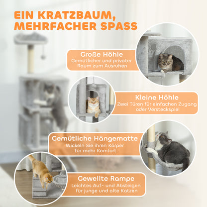 PawHut 140 cm Katzenkratzbaum, mehrere Ebenen, Sisal-Kratzpfosten, Höhlen, Plüsch-Plattformen, Hängematte, Leiter, Spielbälle