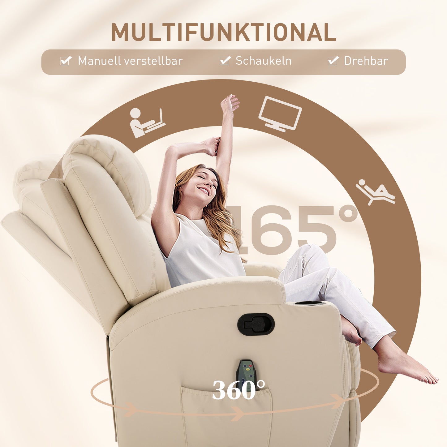 HOMCOM Massagesessel Elektrisch Relaxsessel Fernsehsessel Massagefunktion 5 Massage-Modi Liegefunktion Kunstleder Holz Metall Schaumstoff Cremeweiß 84 x 92 x 109 cm