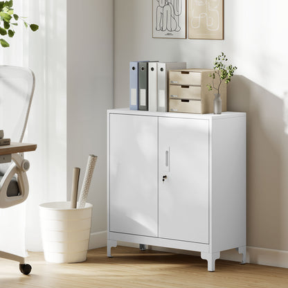 HOMCOM Büroschrank aus Metall, verschließbare Türen, Bürokommode, 2-stufiges Design, Weiß