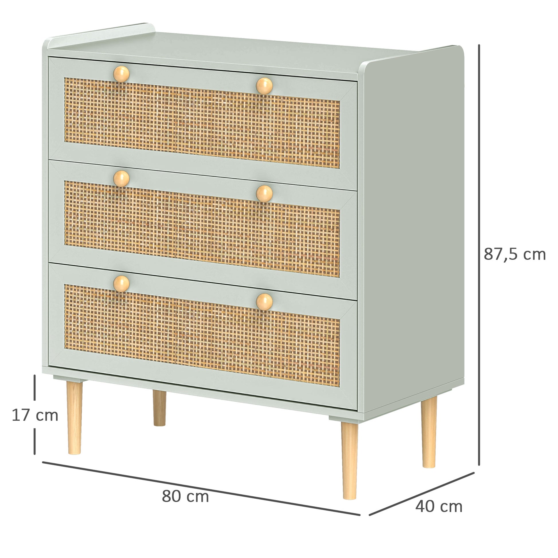 HOMCOM Schlafzimmer-Kommode mit 3 Schubladen, Rattan-Fronten, Kleiderkommode für Flur, Eingangsbereich, MDF, Grün