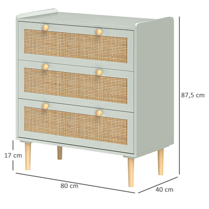 HOMCOM Schlafzimmer-Kommode mit 3 Schubladen, Rattan-Fronten, Kleiderkommode für Flur, Eingangsbereich, MDF, Grün