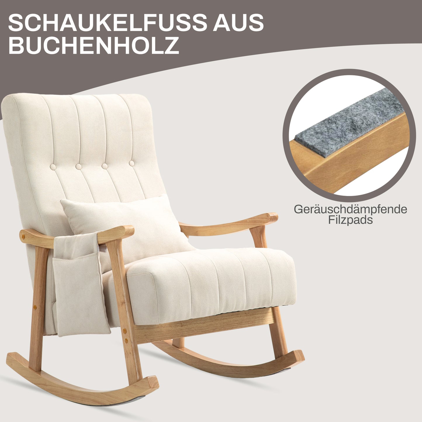 HOMCOM Schaukelstuhl mit Nierenkissen, breiter Sitz, Kautschukholzrahmen, bis 120 kg, Beige