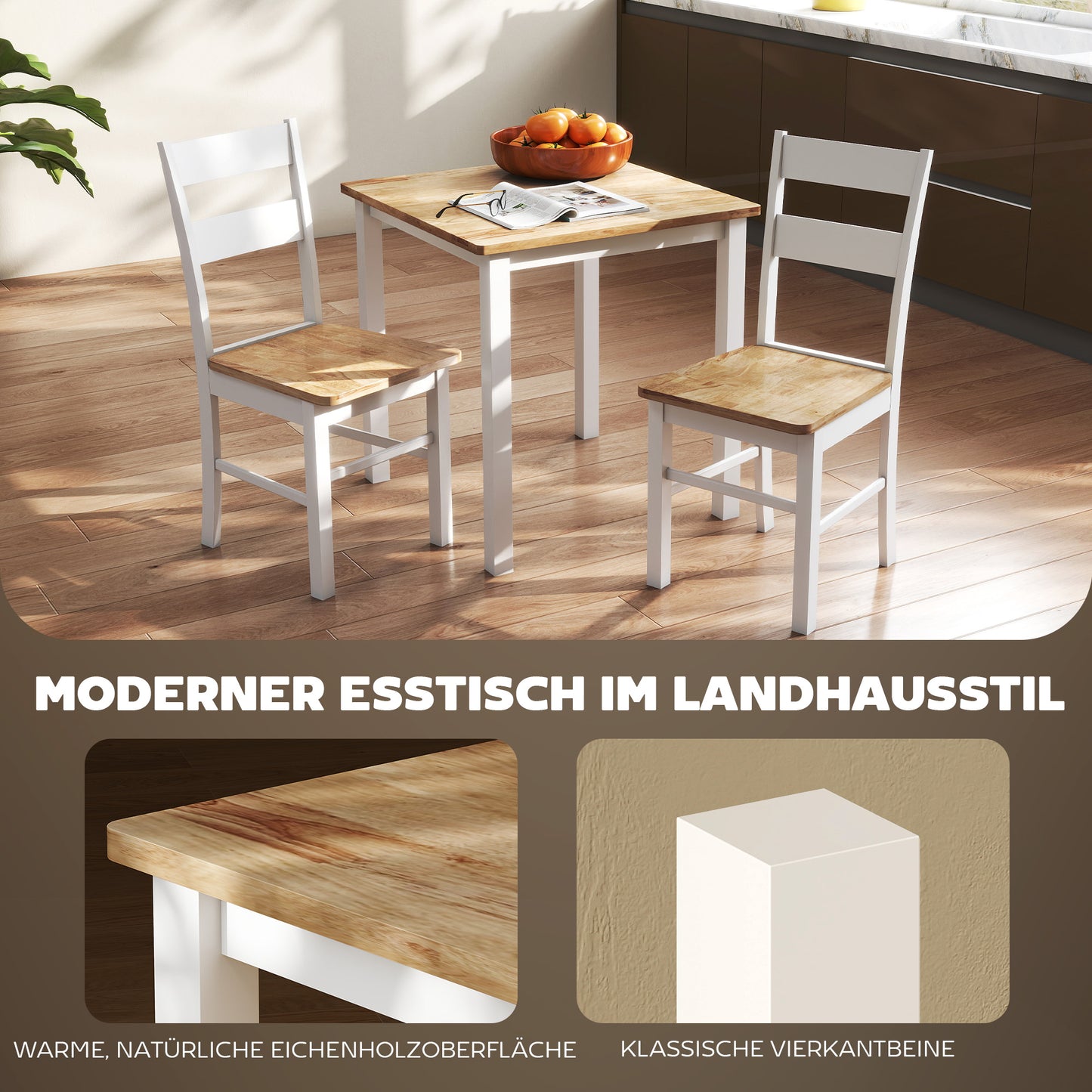 HOMCOM Esstisch aus Kautschukholz, für bis zu 4 Personen, Naturholz