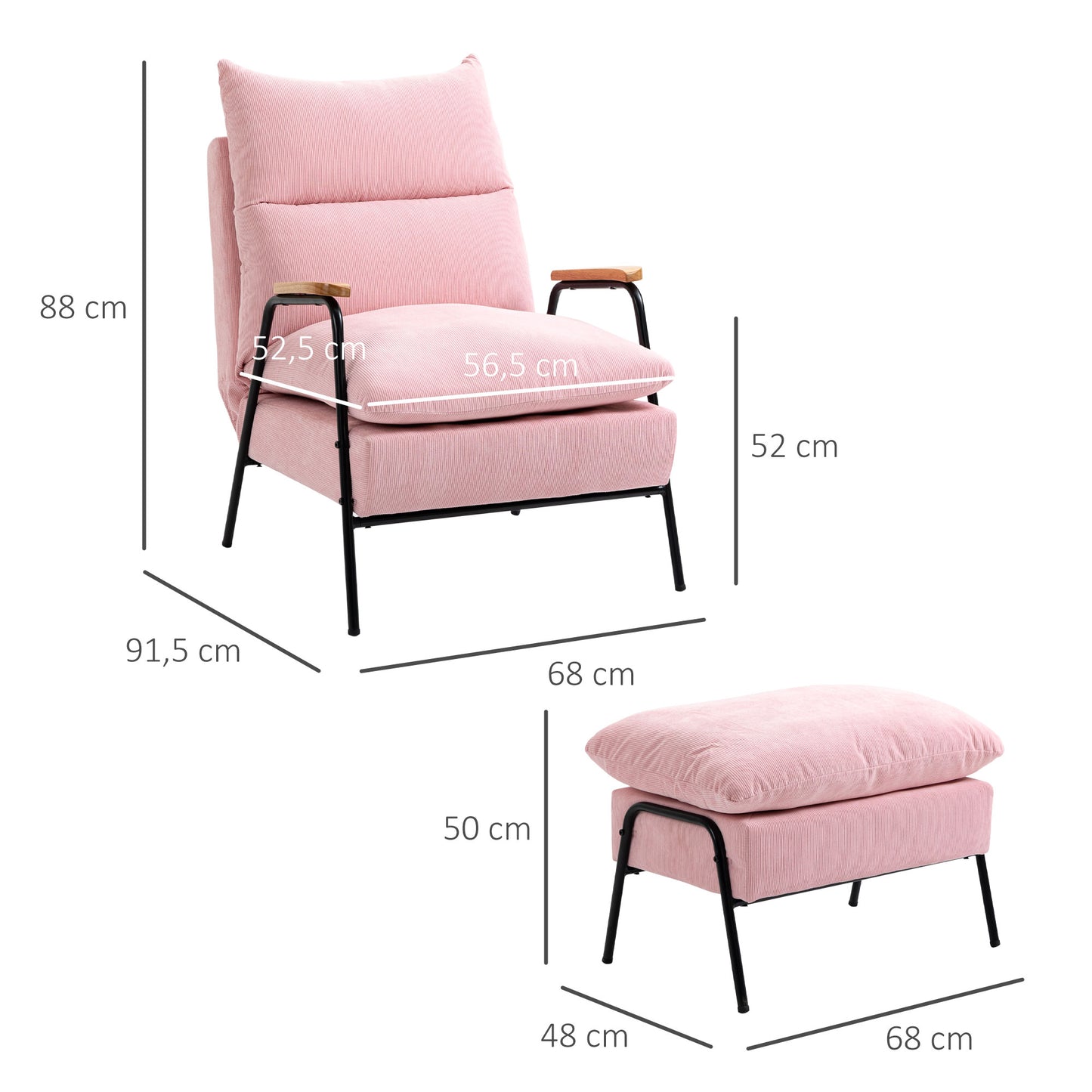 HOMCOM Sessel mit Ottomane, inkl. Kissen, 68 cm x 91,5 cm x 88 cm, Rosa