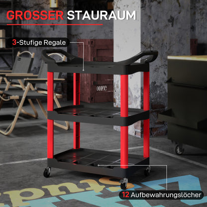 HOMCOM Werkzeugwagen mit 3 Ebenen, seitliche Griffe, Räder, Kunststoff, Rot