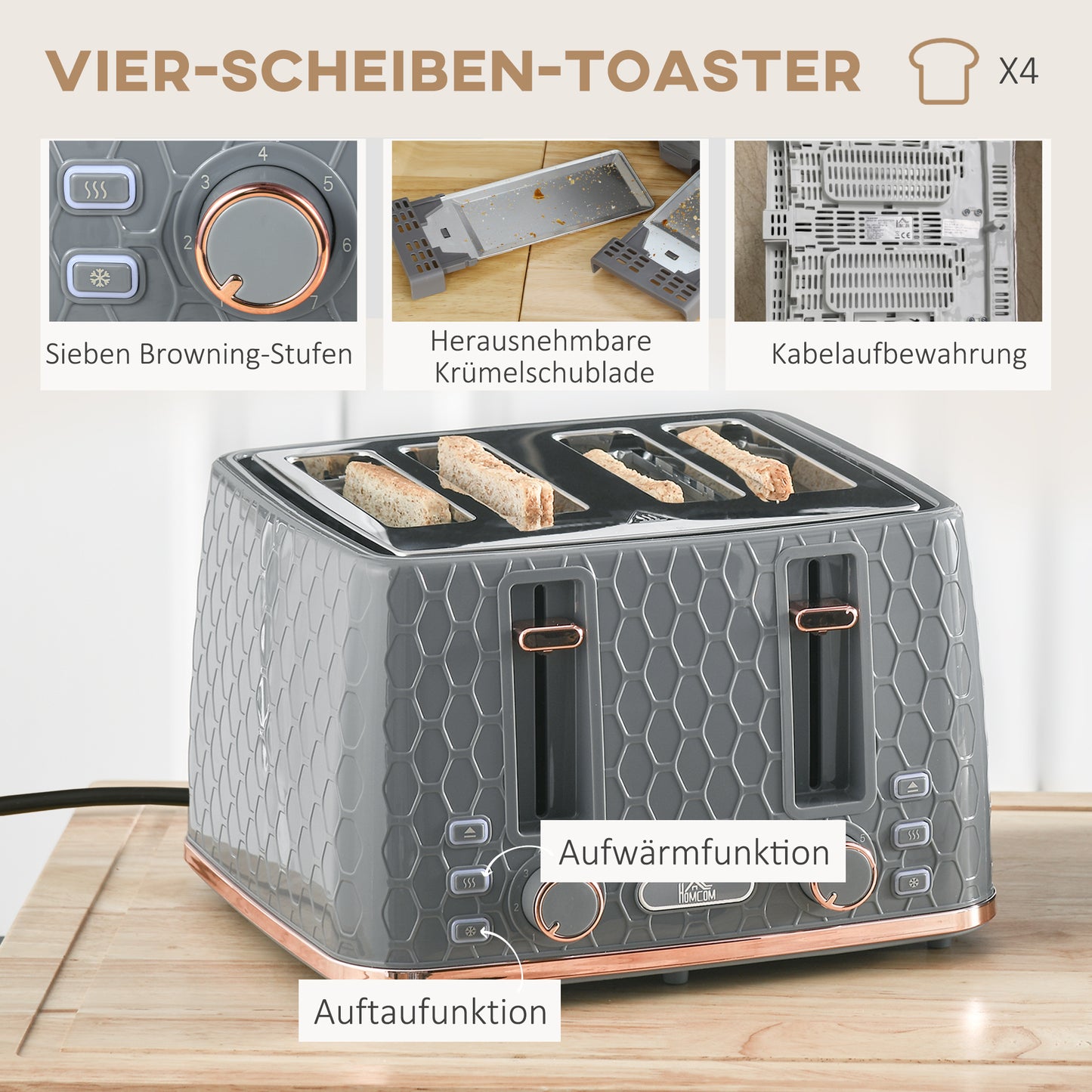 HOMCOM 2-in-1 Küchenset, Toaster und Wasserkocher, mehrere Optionen, 1,7 L, 4 Toastscheiben gleichzeitig, Kunststoff, Grau