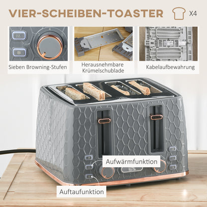 HOMCOM 2-in-1 Küchenset, Toaster und Wasserkocher, mehrere Optionen, 1,7 L, 4 Toastscheiben gleichzeitig, Kunststoff, Grau
